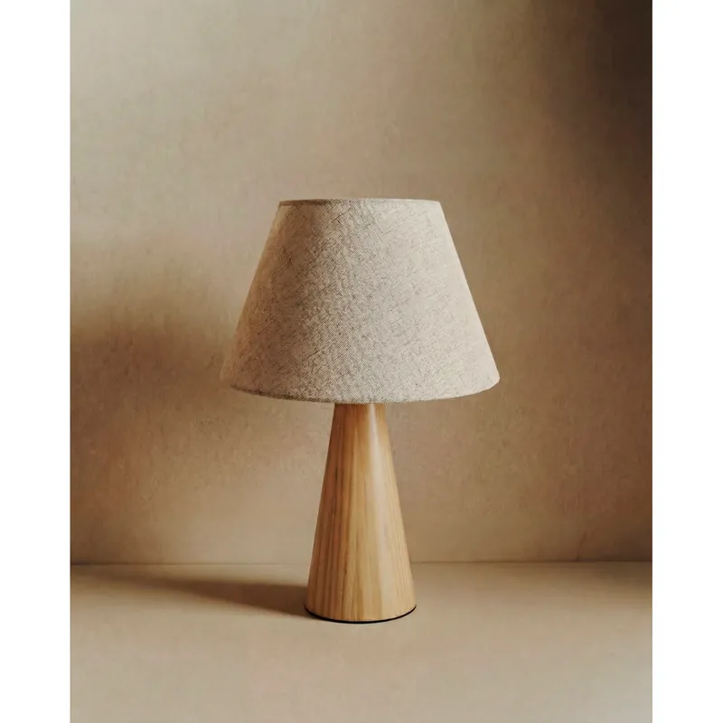 Lámpara de mesa de madera y tela con pantalla en color natural y base en roble medio de 22cm - Inicio