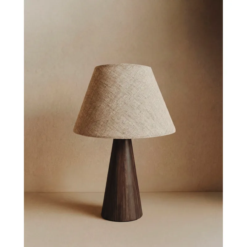 Lámpara de mesa de madera y tela con pantalla en color natural y base en roble oscuro de 22cm - Inicio