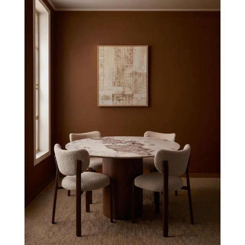 Mesa de comedor redonda con sobre cerámico y pata en chapa de roble en color avellana de Ø120cm - Inicio