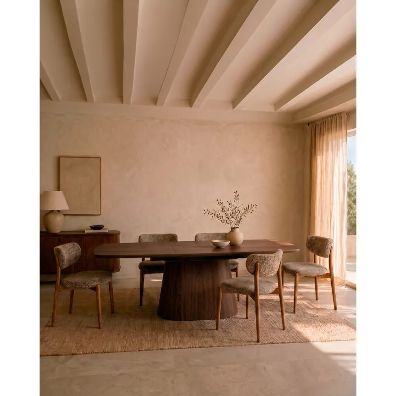 Mesa de comedor ovalada extensible en chapa de roble en color avellana de 160-200x100cm