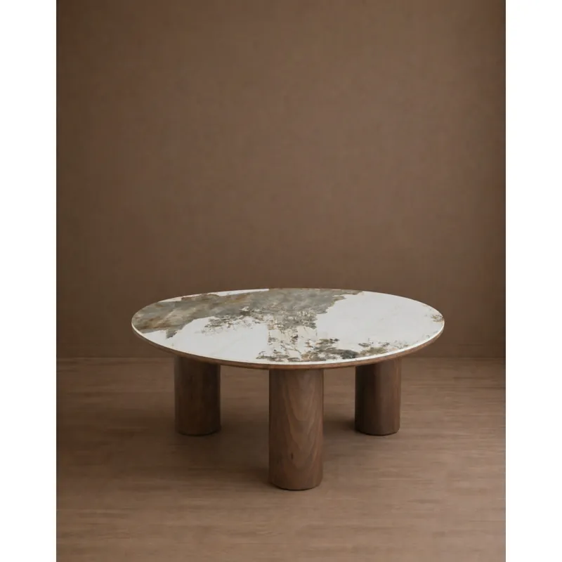 Mesa de centro ovalada con sobre cerámico y pata en chapa de roble en color avellana de 110x80cm - Inicio