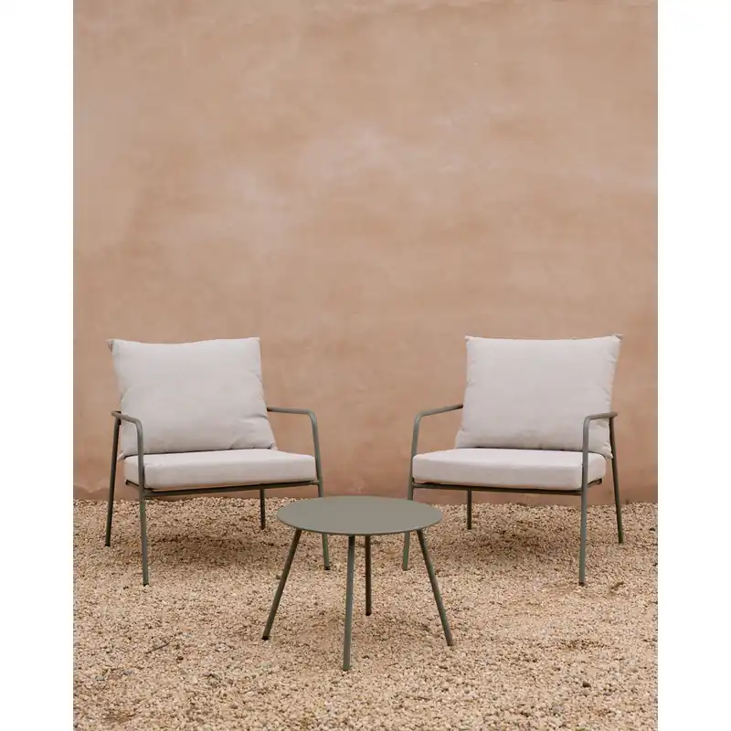 Set de mesa de centro exterior en acero verde mate y 2 butacas exterior de acero verde mate y cojines tapizados color beige - Inicio