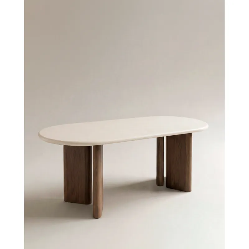 Mesa de comedor ovalada de microcemento en tono beige y patas en avellana de 180x90cm - Mesas de comedor