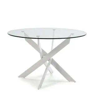 Mesa VIKLET Ø120 cm de Comedor, Metal Blanco / Cristal - Vackart