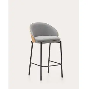 Taburete Eamy gris claro chapado en fresno con acabado natural y metal negro altura 65 cm - Kave Home
