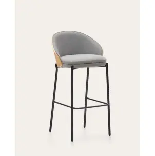 Taburete Eamy gris claro chapado en fresno con acabado natural y metal negro altura 77 cm - Kave Home